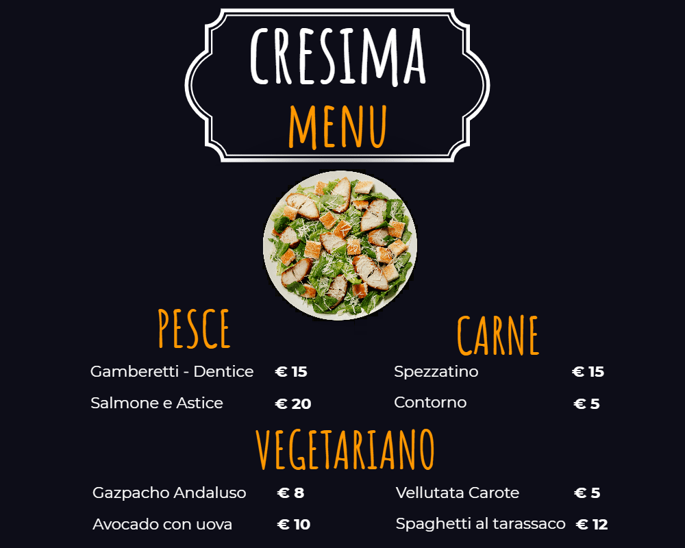 Infografica esempio menù cresima ristorante: pesce, carne e/o vegetariano 